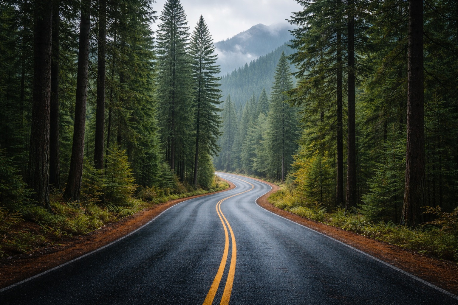 A winding road through a forest toward a misty mountain